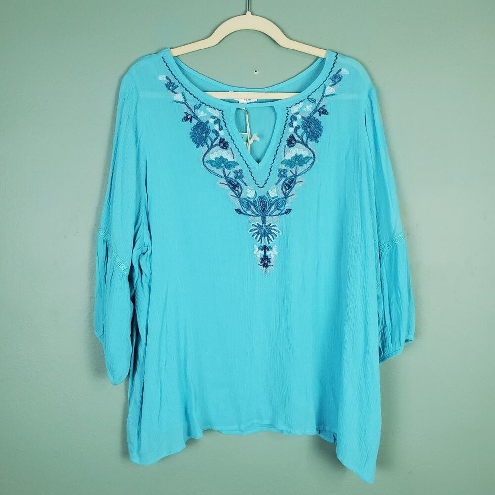 Honey Punch Embroidery Teal Green Detail Top 2X